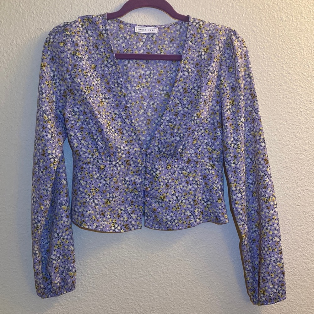 Lilac colored, button closure, long-sleeved, floral shirt